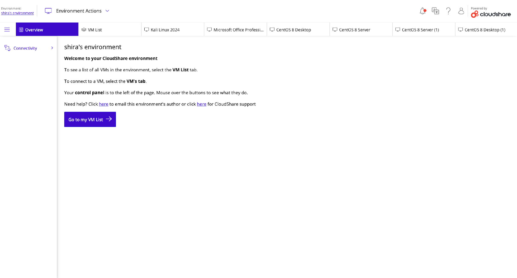 The image shows a CloudShare environment dashboard, displaying a list of various Linux distributions and a link to connect to a virtual machine.

AI-generated content may be incorrect.