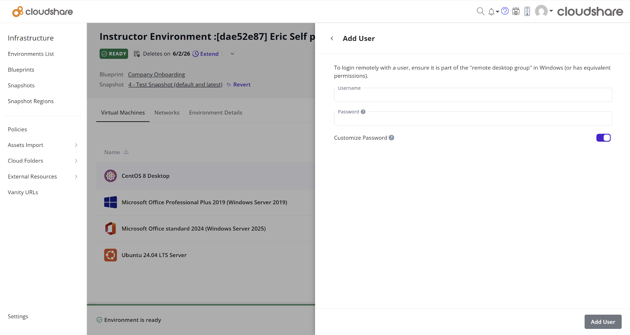 The image shows a user interface for the Microsoft Azure Cloud Share, displaying various options such as user management, environment settings, and snapshots, with a focus on adding users and managing policies.

AI-generated content may be incorrect.