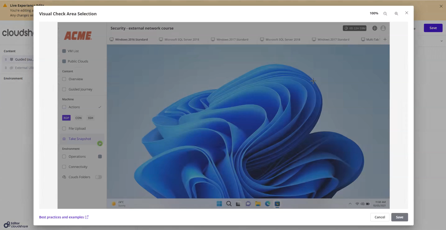 The image shows a screen displaying a Microsoft Edge browser window with a Live Experience Edit course, including various tabs and options for security, cloud services, and content management.

AI-generated content may be incorrect.