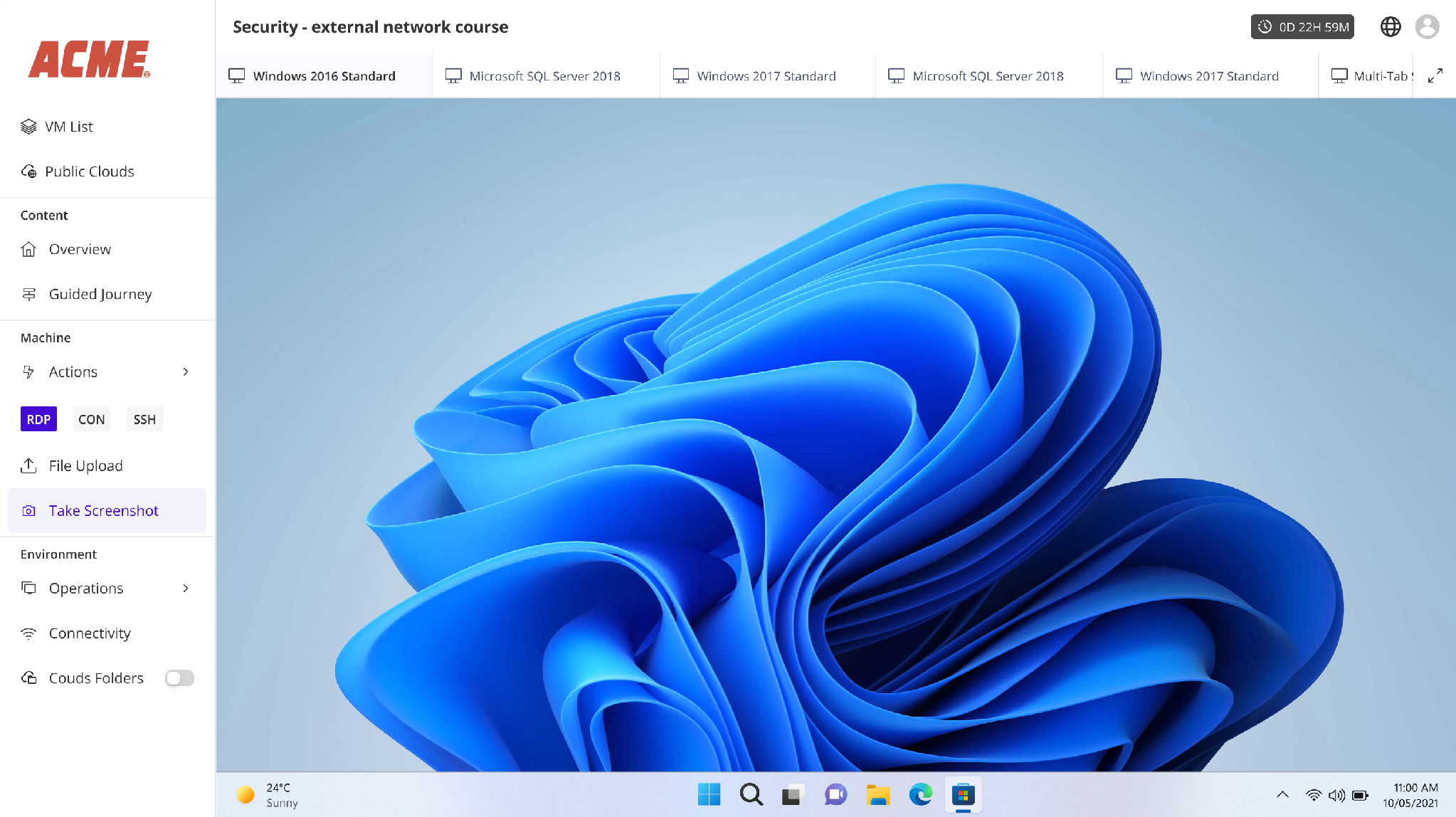 The image shows a Microsoft ACME Security Course dashboard with tabs for different topics like Operations, Connectivity, and various Windows and SQL Server versions, alongside actions like RDP, SSH, and file upload.

AI-generated content may be incorrect.
