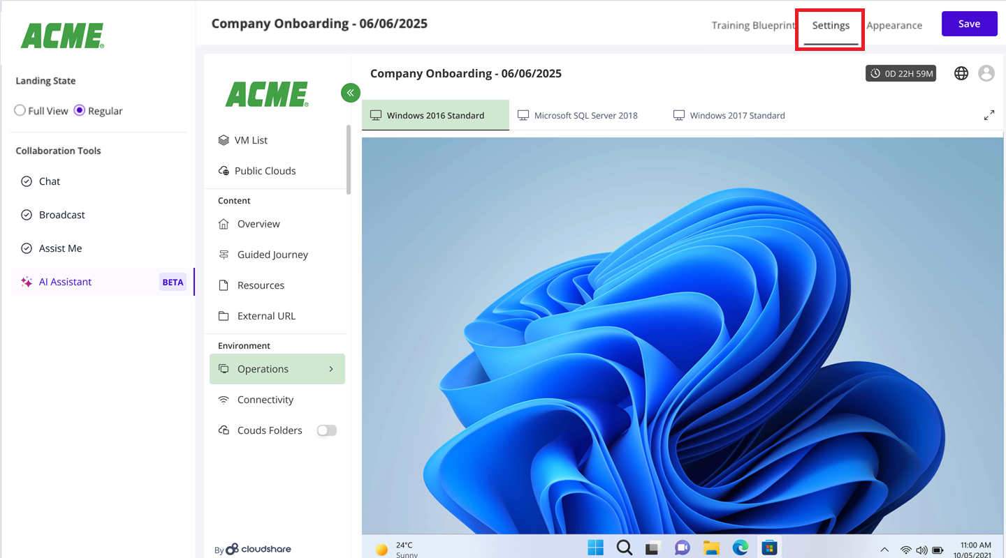 The image shows an onboarding page for ACMEￂﾮ, featuring a blue abstract design, with sections for company settings, collaboration tools, and various services like Microsoft SQL Server and chat features.

AI-generated content may be incorrect.