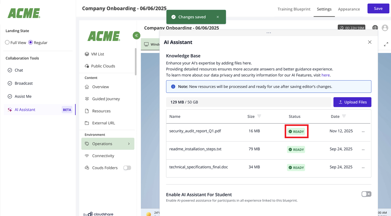 The image depicts an onboarding dashboard for the ACME Company, showing a training blueprint, various settings, and options to upload files, such as a security audit report and technical specifications.

AI-generated content may be incorrect.