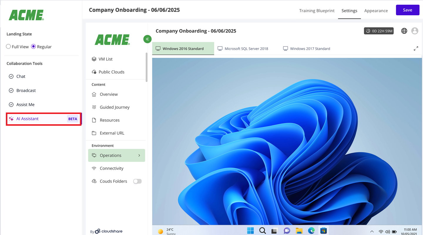 The image shows a user interface for ACME's Company Onboarding, featuring a blue abstract design, a date stamp, and various software and services listed.

AI-generated content may be incorrect.