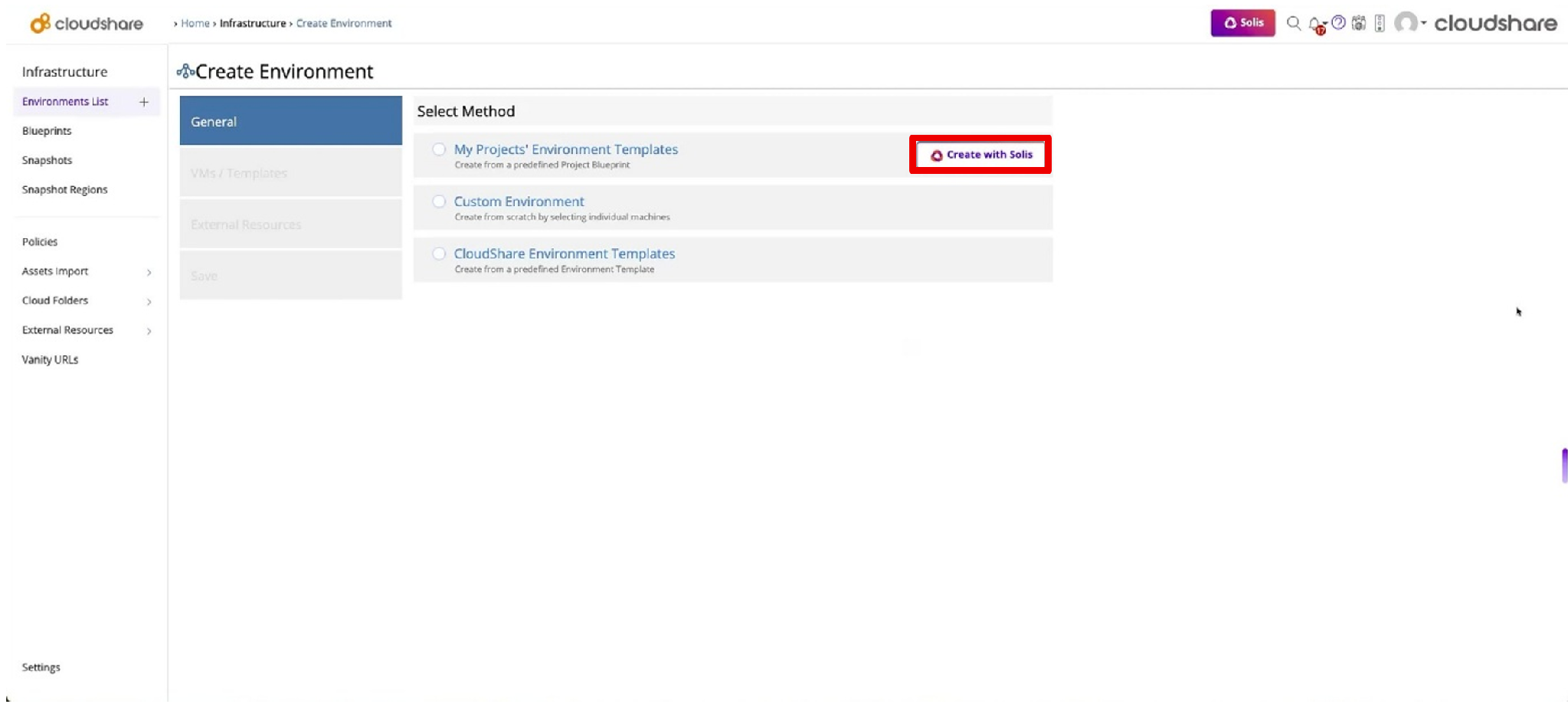 The image shows a user interface on the CloudShare platform, with a section for creating a new environment, including options for blueprints, custom environments, and external resources.

AI-generated content may be incorrect.