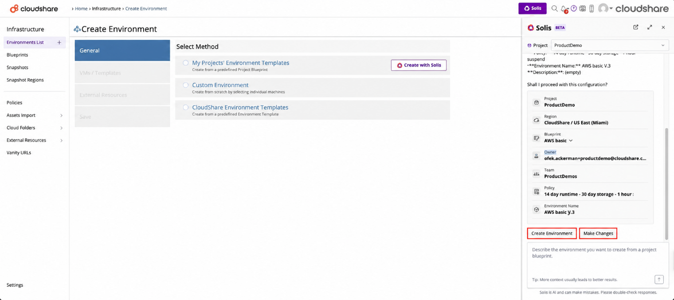 The image shows a user interface for the CloudShare platform, specifically for creating a new environment with the Solis BETA offering, where the user is in the process of setting up an AWS basic environment with the region selected as US East (Miami).

AI-generated content may be incorrect.