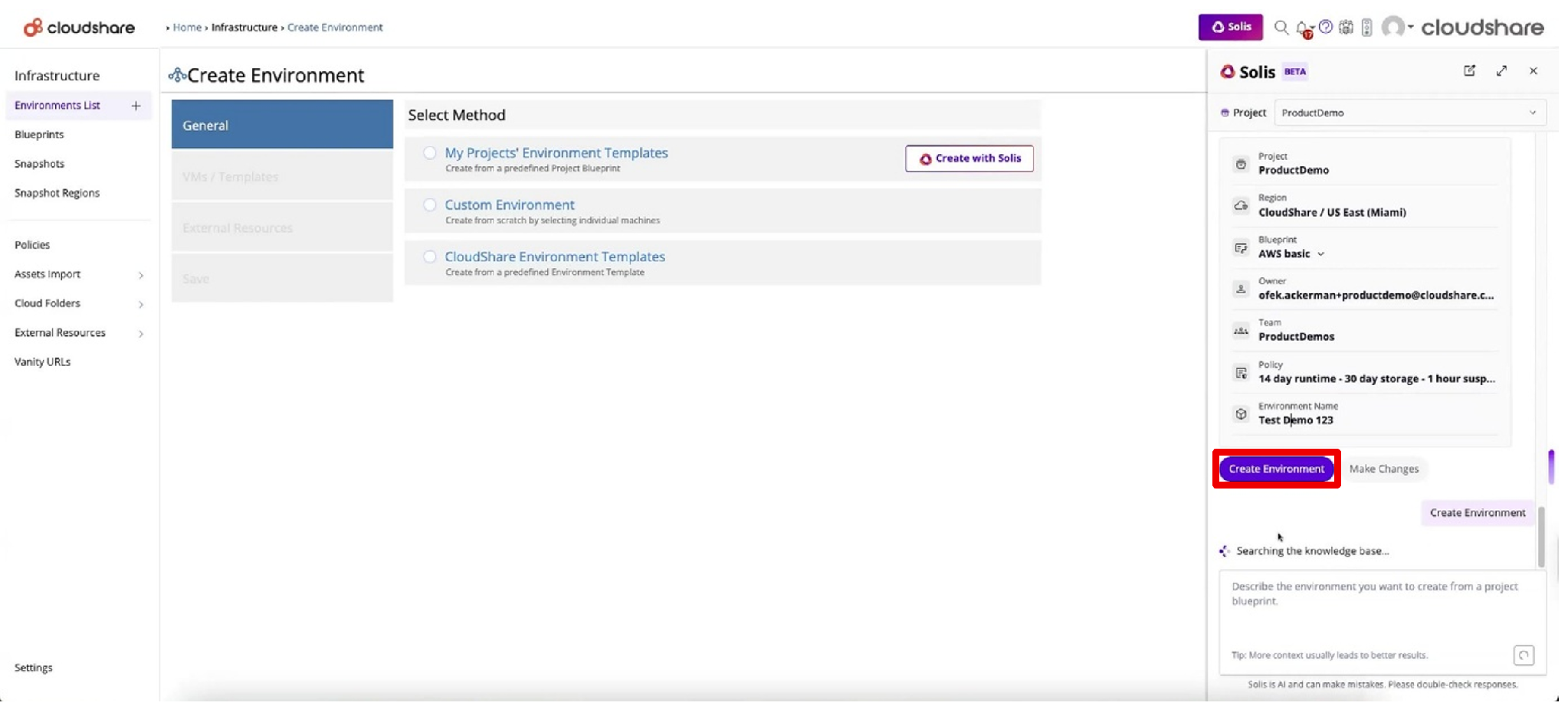 The image shows a user interface for the CloudShare platform, specifically the page for creating an environment using a predefined template, with a section for selecting various configurations.

AI-generated content may be incorrect.