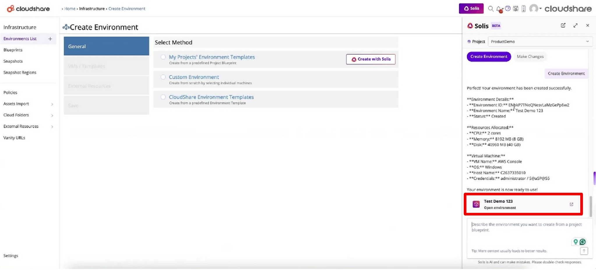 The image shows a user interface of a web page for creating an environment on a cloud platform, with sections for selecting various options such as infrastructure, projects, and resources, and it indicates that the environment has been successfully created.

AI-generated content may be incorrect.