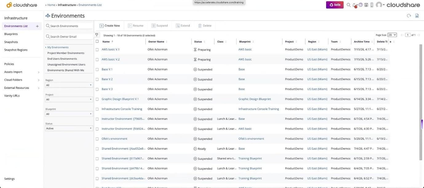 The image shows a list of environments in the CloudShare platform, including details such as names, statuses, and regions.

AI-generated content may be incorrect.