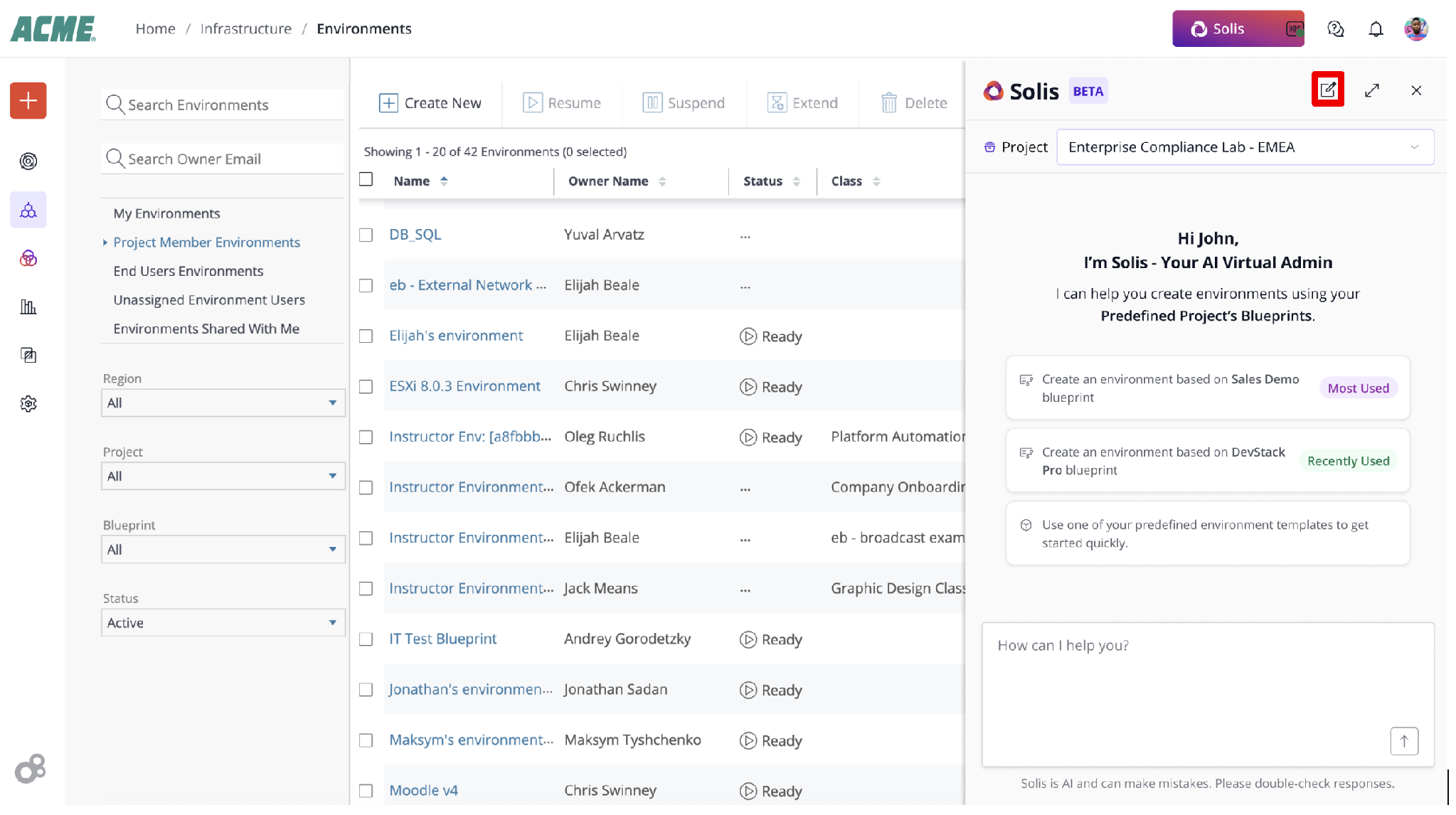 The image displays a list of various environments, including projects, owners, and statuses, with different options such as creating new, deleting, and suspending environments, and some predefined blueprints.

AI-generated content may be incorrect.