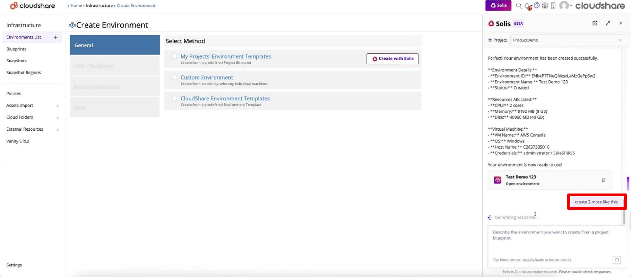 The image displays a web interface for the Solis cloud management platform, where a user has successfully created an environment named 'Test Demo 123' with specifications such as 2 CPU cores, 8 GB of memory, and a 40 GB disk, using a Windows OS.

AI-generated content may be incorrect.