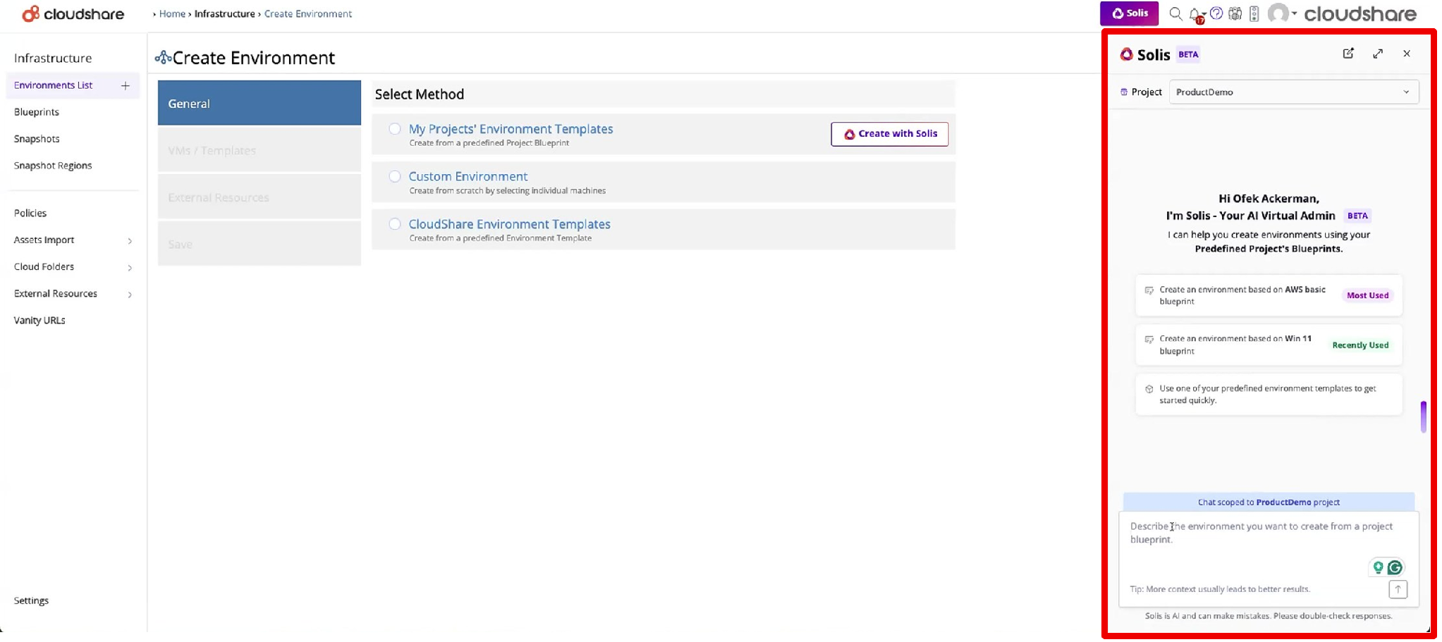 The image displays a user interface for creating an environment within the Solis platform, featuring options for selecting projects, blueprints, and various configurations for infrastructure setup.

AI-generated content may be incorrect.