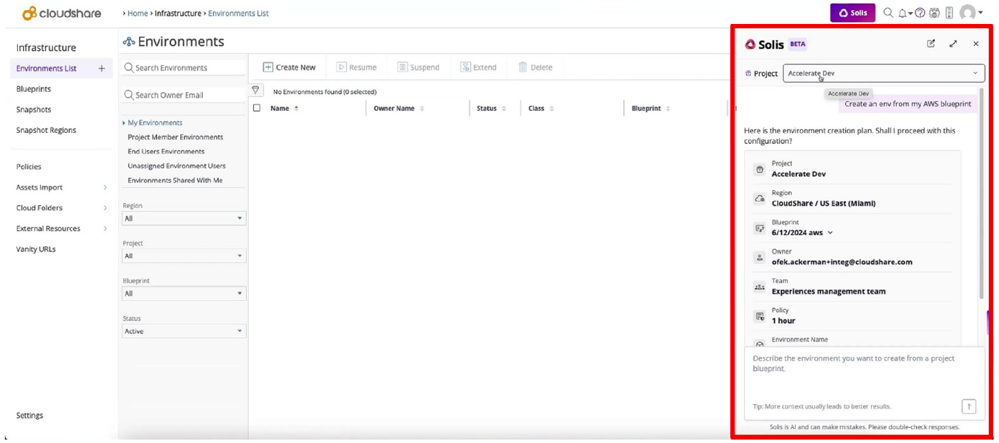 The image displays a user interface for creating an environment in the Solis platform, with sections for selecting blueprints, names, and configurations, and options to manage users, policies, and regions.

AI-generated content may be incorrect.