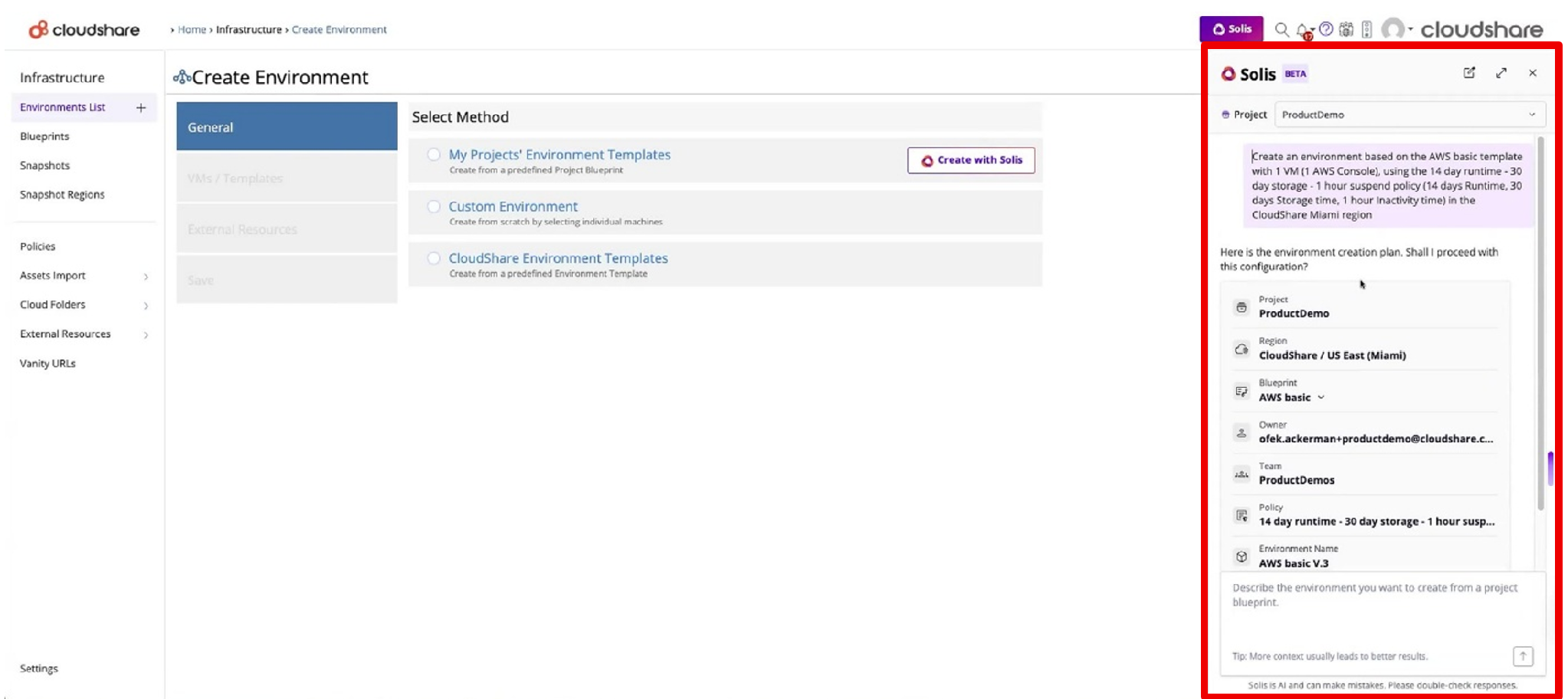 The image displays a CloudShare interface for creating a new environment, with options to select various configurations, blueprints, and policies, and a prompt to proceed with the creation process.

AI-generated content may be incorrect.